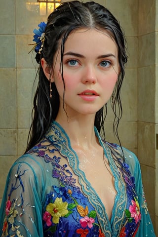 (Wet clothes, wet hair, wet, wet face, wet skin, :1.4), (Beautiful German girl), (More detailed definition of face and eyes), (Real and detailed skin texture), (Extremely clear image, Ultra high definition, similar to realistic professional photos, film grain), beautiful black hair, beautiful blue irises, wearing a brightly colored baroque style lace transparent dress, infused with Chinese classical elements. This sheer dress combines intricate lace and embroidery with colorful Hanfu-style patterns. Exquisite accessories complete the look, displaying a stunning cultural fusion.
, wet clothes, wet clothes, wet hair, visual animation, art_booster, anime_screencap, fake_screenshot, anime coloring,CCENN,Ycen,Beautiful eyes girl