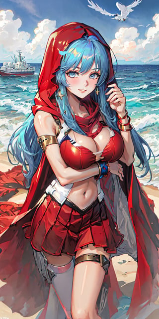 enterprise_azurlane, long_hair, blue_eyes, blue_hair, reah, red scarf, red cloak, red dress, bracelet, masterpiece, high_resolution, gentle_smile, happy, ocean, detailed_fingers, natural_breast,girl,renaissance,Sexy Pose,Anigame ,EpicS