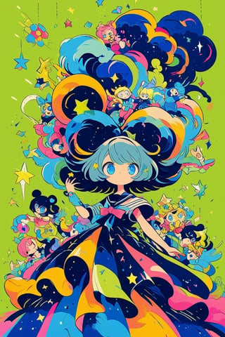 A Colorful consept art. A girl and pop-style anime illustration,featuring an extremely deformed, 1Girl, girl in glamorous dress. The girl has exaggerated, large blue eyes sparkling with excitement and an over-the-top, cheerful expression. Her sailor uniform is brightly colored with bold, contrasting hues and glittering accents. She has voluminous, flowing hair adorned with cute accessories like bows and stars. The background is vibrant and busy,gloriaexe,txznf