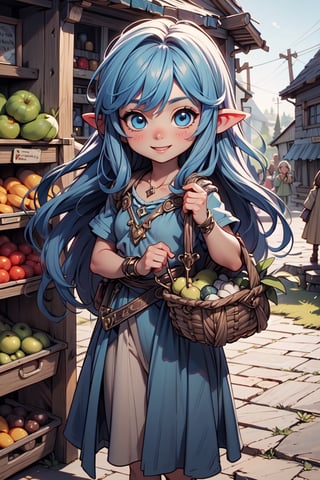 Cinematic composition chibi reah with blue long hair and blue eyes in a lively Hobbiton market. She carries a basket filled with fresh produce, her cheerful demeanor attracting the attention of fellow hobbits. The natural colors of her attire stand out against the market's vibrant scene, capturing Rosie's role in the community and her connection to the simple joys of Hobbit life.