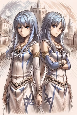 2girl, masterpiece, sketch, gentle smile, angel, village background, reah, blue hair, blue eyes, white dress, detached sleeves, necklace bracelet, gentle smile, feena, blue hair, blue eyes, white dress, moonlit night, adventurous spirit, ClrSkt, half_body, side facing