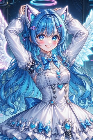 cowboy shot, idol smile, ultra Realistic anime, futuristic cyborg idol with cute mechanical cat ears, vibrant color palette, long blue hair, blue pupils, blue eyes, bow hairpins, blushing, shyness, blue bow tie, white dress, angelic angel, long sleeves, hands raised above the head
