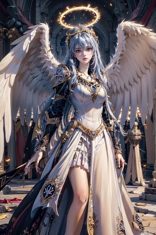 triumphant angel girl, roccoco irridescent fallen angel, cute young angel girl, reah, long blue hair, white large wings, paradise, angel beaty, beatiful, 8k, oktavian render, high quality, masterpiece, dynamic pose, hot girl, praising, dark background, nimb, cinemathic scene, shiny, an angel wearing gold and silver crystal armor, heaven background, glowing halo around head, white feathered wings, centered key visual highly detailed breathtaking beauty precise lineart vibrant comprehensive cinematic, dynamic pose, best quality, 8k, golden hour,angel_wings