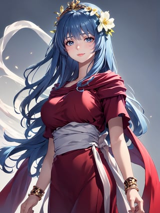 8k, masterpiece, ultra-realistic, best quality, high resolution, high resolution, 1girl, solo, reah, blue hair, blue eyes, thin eyebrow, busty and sexy girl, standing gracefully, serene expression, flower garden background. reah, red scarf, red cloak, red dress, bracelet.
FLOWER headdress adorned with gold accents and pearls, FLOWER PATTERN KIMONO, gold embroidery and gemstones, flowing robe or gown,
COLORFUL SMOKE BACKGROUND, rich golds and glowing whites,
luxurious, elegant, detailed