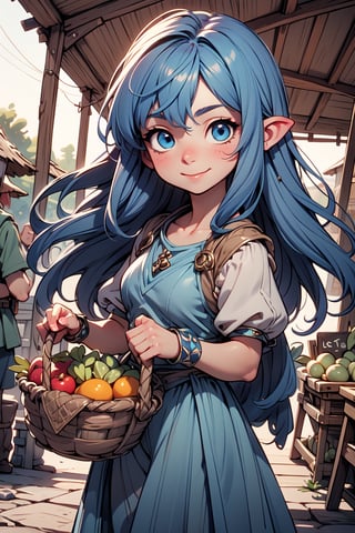 Cinematic composition chibi reah with blue long hair and blue eyes in a lively Hobbiton market. She carries a basket filled with fresh produce, her cheerful demeanor attracting the attention of fellow hobbits. The natural colors of her attire stand out against the market's vibrant scene, capturing role in the community and her connection to the simple joys of Hobbit life.