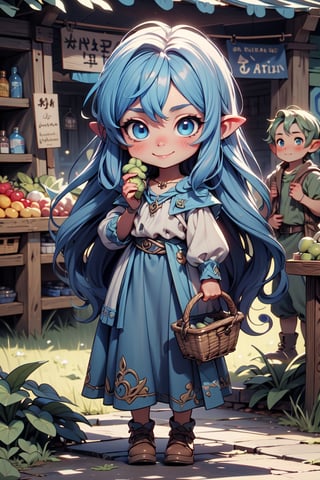 Cinematic composition chibi reah with blue long hair and blue eyes in a lively Hobbiton market. She carries a basket filled with fresh produce, her cheerful demeanor attracting the attention of fellow hobbits. The natural colors of her attire stand out against the market's vibrant scene, capturing role in the community and her connection to the simple joys of Hobbit life.