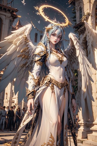 triumphant angel girl, roccoco irridescent fallen angel, cute young angel girl, reah, long blue hair, white large wings, paradise, angel beaty, beatiful, 8k, oktavian render, high quality, masterpiece, dynamic pose, hot girl, praising, dark background, nimb, cinemathic scene, shiny, an angel wearing gold and silver crystal armor, heaven background, glowing halo around head, white feathered wings, centered key visual highly detailed breathtaking beauty precise lineart vibrant comprehensive cinematic, dynamic pose, best quality, 8k, golden hour,angel_wings