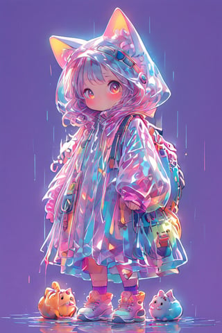 A whimsical masterpiece of a kawaii scene: a petite, big-eyed girl with adorable cat ears and a sweet smile, many cat around her, dressed in a cozy outfit, sits on the floor amidst a colorful array of scattered items from her overflowing ransel bag, as if she's about to start an adventure.,ExStyle