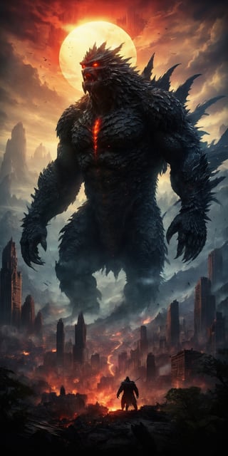 Imagine a colossal Godzilla, its silken body the size of a city, draped over a desolate landscape. Razor-sharp legs pierce the ruins below, while glowing red eyes scan for prey, reflecting the dying light of a shattered moon. Versus Kong, king of king kong, LegendDarkFantasy