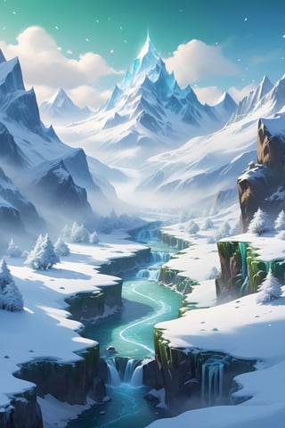 Snow-capped peaks pierce the sky in an 8K masterpiece, 'Frozen Majesty'. A misty veil rises from the valley floor, as morning sunlight casts a warm glow on the icy terrain. Brushstrokes of blue and green blend seamlessly, capturing the fleeting dance of light upon crystalline formations. ArtStation-worthy cinematography transports viewers to a serene, snow-encrusted realm.