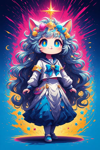 A Cat and pop-style anime illustration,featuring an extremely deformed,1Girl, glamorous girl in a sailor uniform. The cat has exaggerated, large blue eyes, blue long hair, sparkling with excitement and an over-the-top, cheerful expression. Her sailor uniform is brightly colored with bold, contrasting hues and glittering accents. She has voluminous, flowing hair adorned with cute accessories like bows and stars. The background is vibrant and busy,gloriaexe,txznf,scenery,ULTIMATE LOGO MAKER [XL]