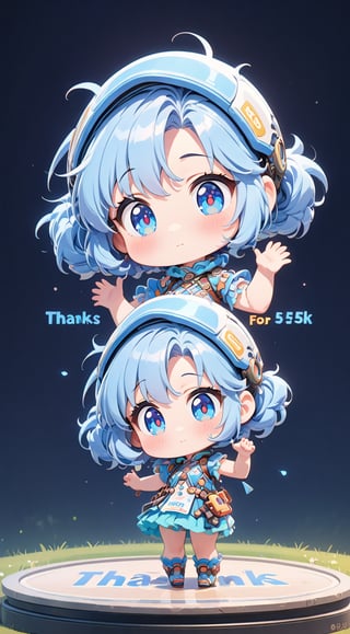 ((anime chibi style)), masterpiece, highly detailed, 16K, HD, cute with adorable eyes in the park, dynamic angle, hands up, 1girl, long blue hair, blue eyes, simplecats, as decorative text as 5K Thanks for Support hover above, accompanied by the title, 1 girl,Text,chibi,cutechibiprofile