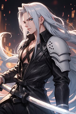 Masterpiece, HD, high_resolution, Sephiroth (Final Fantasy), male focus, one side black wing, holding very long sword
