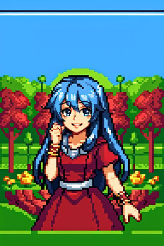 blue hair goddess at garden, girls, reah, red scarf, red cloak, red dress, bracelet blue eyes, blue hair, long hair, pony hair, red hood dress, smile, parted lips, Enhanced All, Circle, Pixel art