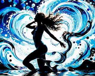score_9, score_8_up, (solo) pool of water, water rings, (one dancing woman silhouette floating far in the waves with both her arm raised:1.3), absurdly long hair flowing along the waves, engulfed by water, blue sky, white clouds in circles, (dynamic pose) abstract, (blue shades), (azure tones), easynegative, water particles, particles