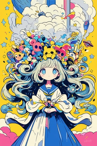 A girl and pop-style anime illustration,featuring an extremely deformed, 1Girl, girl in glamorous dress. The girl has exaggerated, large blue eyes sparkling with excitement and an over-the-top, cheerful expression. Her sailor uniform is brightly colored with bold, contrasting hues and glittering accents. She has voluminous, flowing hair adorned with cute accessories like bows and stars. The background is vibrant and busy,gloriaexe,txznf