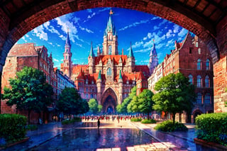 In a majestic panorama, a medieval city unfolds before us. The scene is bathed in warm sunlight with vibrant colors, showcasing the bustling market square in high-resolution detail. Vendors and traders go about their daily routines, their faces aglow with activity. In the distance, a grand castle rises majestically, its turrets and towers reaching for the sky, adding to the sense of grandeur and history. The entire scene is framed by a sweeping archway, drawing the viewer's gaze into this colorful, high-quality masterpiece.