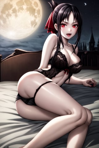 Highly detailed, High quality, Masterpiece, Beautiful, high detailed, high detailed background, (long shot), scenary, castle, bedroom, bed, lying in bed, on side night sky, full moon, Anime, one girl, bare shoulders, lingerie, (black lingerie), baby doll, negligee, garter belt, slim, big breasts, open mouth, vampire fangs, red eyes, black hair, red lips, expressionless, red lips, folded ponytail, forehead, hair ribbon, red ribbon, ribbon, short hair, sidelocks, looking_at_viewer, folded ponytail, arms at sides, sexy vampire girl, vampire, long hair, kaguya shinomiya,Vampire
