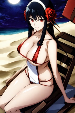 Highly detailed, High quality, Masterpiece, Beautiful, high detailed, high detailed background, (long shot), scenary, beach, night sky, full moon, Anime, one girl, solo, night, slingshot, micro bikini, bare shoulders, slim, big breasts, thin waist, closed mouth, black hair, red eyes, smile, red lips, hair ornament, looking_at_viewer, arms above head, sexy girl. long hair, towel, beach chair