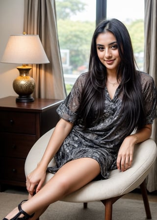  beautiful cute young attractive girl 22 year old, cute, instagram model, long black hair, black eyes, at home, sitting on chair, ready for outing, full_body, full confident, exotic beauty, full of attitude, wearing black printed short frock, pony_tail, feeling happy.
