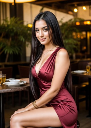  beautiful cute young attractive girl 22 year old, cute, instagram model,long black hair. imagine a scene she sits on a chair at a open resturant her table situted opposite flowers and fountains. she wears a beautiful dark red sexy western dress, high heels, full body, cutness, full confidence, hair_tied, looking sexy.
