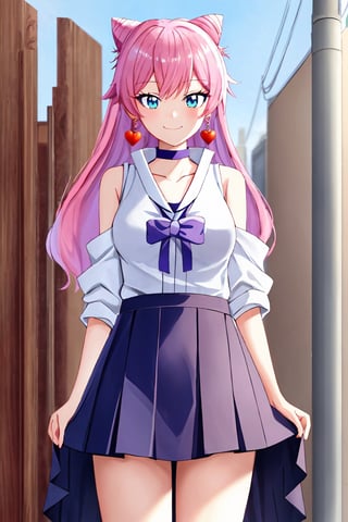 (extremely detailed CG unity 4k wallpaper),(masterpiece),(best quality),(ultra-detailed),(best illustration),(best shadow),(absurdres),(detailed background), 1girl, smile, blue_eyes, long_hair, pink_hair, fox_ears, pink_ears, japanese_priestess,aaakari, hearts_earrings, red_skirt, wide choker, japanese clothes, miko, long hair,akari watanabe, cone hair bun,earrings, pink_fox_ears