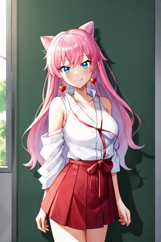 (extremely detailed CG unity 4k wallpaper),(masterpiece),(best quality),(ultra-detailed),(best illustration),(best shadow),(absurdres),(detailed background), 1girl, smile, blue_eyes, long_hair, pink_hair, fox_ears, pink_ears, japanese_priestess,aaakari, hearts_earrings, red_skirt, wide choker, japanese clothes, miko, long hair,akari watanabe, cone hair bun,earrings, pink_fox_ears