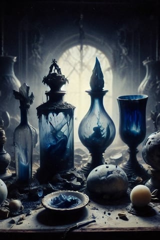  .dark gothic horror.crypted taxidermy . archeology dust. omebia aspect . antique glassware .dark white and indigo . uranium 