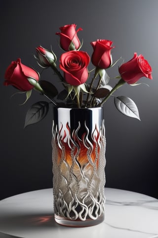 style reticulated haute couture rose bush .sissor arm art. . dicarlini blown glass . detailed background of silver chains . liquid smoke . ferrofluide . a million points of light 