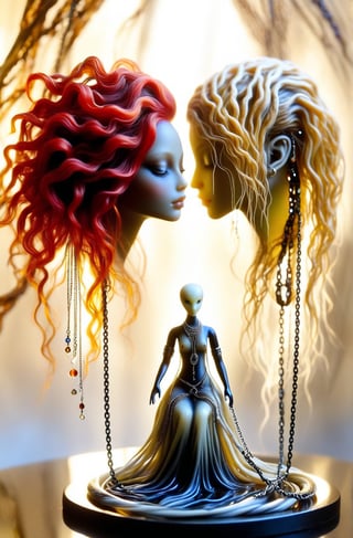 “Embrace the oneness formed by the duality of yin and yang. These interdependent opposites intertwine in a constant flow between nature and human life” . amber made . realistic . art piece . art gallery . beautiful soft light. style creepy doll art .alien  creature.sissor arm art. . dicarlini blown glass . detailed background of silver chains . liquid smoke . ferrofluide . DMT style .red accents . a million points of light . style dark art. background ferrofluide bacteria art . mustard. twisted and chaotic .bacterial art. ethereal 
melancholy . ephemeral . synchronicity . diaphanous . quixotic .long flowing hair. maelstrom . amalgamation . clandestine . surreptitious . ubiquitous . peculiar . style muddy gothisiam