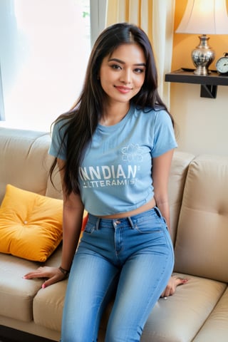 Beautiful cute young attractive indian teenage girl,18 years old,cute,instagram model,long black_hair,colorful hair,warm,in home sit at sofa,indian ,little smiling,wearing jeans tshirt, extended view