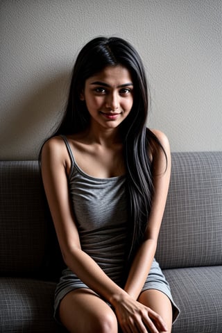  beautiful cute young attractive indian teenage girl,18 years old,cute,instagram model,long black_hair,colorful hair,warm,in home sit at sofa,indian ,little smiling,smooth face ,actress ,<lora:659111690174031528:1.0>