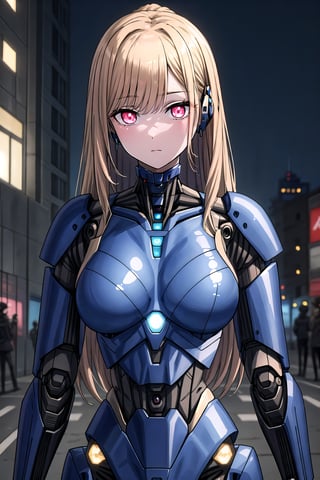Highly detailed, High quality, Masterpiece, Beautiful, high detailed, Anime, 1 girl, (cowboy shot), looking_at_viewer, night dress, beautiful hands, large breasts, breasts, blonde_hair, bangs, yellow eyes ,android, joints, android joints, glowing eyes, glowing, red_eyes, jewelry, closed_mouth, android,Marin Kitagawa, ponytail, expressionless