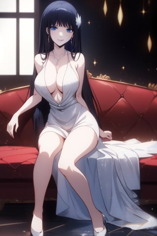 High quality, High detail, Best pictiue, 
solo lady, looking at viewer,
Miyuki Shiba, shine high light on her eyes, upset, smile, slim girl, 
sharp face, 
very beautiful girl, 
touch, 
White drees, short dress, thin dress, backless dress, side boobs seeing, boobs wide seeing, A dress that opens to the navel, handless, upper hips seeing, no sleeves, colorless dress, neckless dress, 
side cut dress,
covered erect nipples, covered nipples erect, erect nipples,
Side open dress
rising tits, 
cheaks on blue, dress cut to abdomen 
gray blue eyes, black hair, long hair,
side boobs upper butt open,
perfect and beautifull tits, large tits,
Private garden raining outside background, very sexy breast, anime style ,Side view, bare leg, naked pussy,facing to the camera, luxury room background, full body, sitting on sofa, open to leg