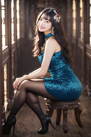 Masterpiece, best quality, super detailed, 
beautiful 20 years old Taiwanese girl, solo,
Full body shot,
looking at viewer,
exposed shoulders,
Side glance pose,
Hourglass full body, 
realistic portrait,
Flower Hair clip,
Fringe,
long hair,
brown Alluring eyes,
smile,
Elegant hands,
beaded bracelet,
beautiful Slim long leg,
stockings,
high heels, ,china dress