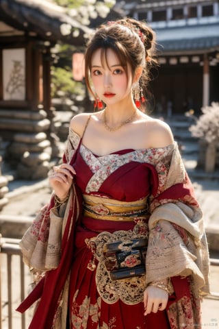 Masterpiece, best quality, super detailed, 
beautiful 20 years old Japanese girl, solo, 
exposed shoulder,
full body shot,
Sultry pose,
Hourglass full body, 
realistic portrait,
flower Hair clip,
updo hair,
Diamond drop earrings,
brown Alluring eyes,
pouty,
Graceful hands,
beaded bracelet,
beautiful Slim leg,
clogs,
kimono dress,
Kyoto street,
Sakura is floating,