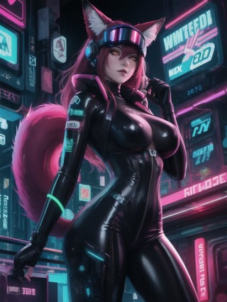 1 girl, beautiful woman, latina, fox girl, red hair, fox ears, gold eyes, fox tail, neon lights, long hair, red tail, fluffy tail, big tail, Lightning,cyberpunk, netrunner, hacker, ,gilr,judy, wetsuit, skintight rubber, tech suit, tights,Cyberpunk style props, visor, goggles, leather jacker, biker jacker, nomad