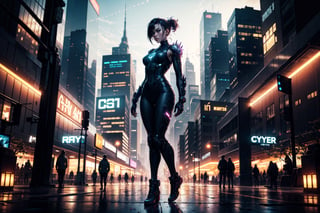 (masterpiece), best quality, high resolution, highly detailed, detailed futuristic detroit cityscape, ground level, background, perfect lighting, 1girl standing,  cyber punk outfit, front facing the camera, angled to body,  movie poster, cyber punk style full body,