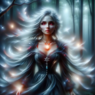 A beautiful girl, dressed in Gothic style, long dress, long-sleeved blouse, buttoned up to the neck, a necklace around her neck with a delicate pendant with a pentagraph symbol on it. Made of precious stone, it emanates a light glow, a red glow.
It runs through an old dark forest. He holds a lantern in his hand to light his way. It's dark, the full moon creates interesting chiaroscuro penetrating through the tree branches.
The forest is slightly foggy, it's raining. Vapor in the exhaled air is sometimes visible, delicate.
Scared, worried.
Photo quality. Accurate details, high realism.
Perfect girl proportions.,solo,DonMB4nsh33XL ,style