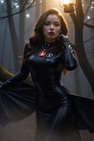 A beautiful girl, dressed in latex style, long dress, long-sleeved blouse, buttoned up to the neck, a necklace around her neck with a delicate pendant with a pentagraph symbol on it. Made of precious stone, it emanates a light glow, a red glow.
It runs through an old dark forest. He holds a lantern in his hand to light his way. It's dark, the full moon creates interesting chiaroscuro penetrating through the tree branches.
The forest is slightly foggy, it's raining. Vapor in the exhaled air is sometimes visible, delicate.
Scared, worried.
Photo quality. Accurate details, high realism.
Perfect girl proportions. Precise face, gagged. The whole figure is visible ,solo,DonMB4nsh33XL ,style,concept