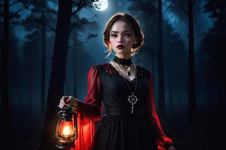 A beautiful girl, dressed in Gothic style, long dress, long-sleeved blouse, buttoned up to the neck, a necklace around her neck with a delicate pendant with a pentagraph symbol on it. Made of precious stone, it emanates a light glow, a red glow.
It runs through an old dark forest. He holds a lantern in his hand to light his way. It's dark, the full moon creates interesting chiaroscuro penetrating through the tree branches.
The forest is slightly foggy, it's raining. Vapor in the exhaled air is sometimes visible, delicate.
Scared, worried.
Photo quality. Accurate details, high realism.
Perfect girl proportions.,solo
