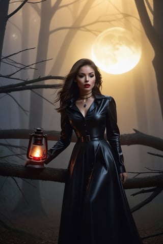 A beautiful girl, dressed in latex style, long dress, long-sleeved blouse, buttoned up to the neck, a necklace around her neck with a delicate pendant with a pentagraph symbol on it. Made of precious stone, it emanates a light glow, a red glow.
It runs through an old dark forest. He holds a lantern in his hand to light his way. It's dark, the full moon creates interesting chiaroscuro penetrating through the tree branches.
The forest is slightly foggy, it's raining. Vapor in the exhaled air is sometimes visible, delicate.
Scared, worried.
Photo quality. Accurate details, high realism.
Perfect girl proportions. Precise face, gagged. The whole figure is visible ,solo,DonMB4nsh33XL ,style,concept
