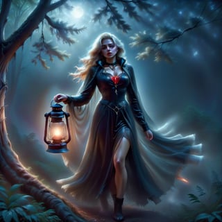 A beautiful girl, dressed in Gothic style, long dress, long-sleeved blouse, buttoned up to the neck, a necklace around her neck with a delicate pendant with a pentagraph symbol on it. Made of precious stone, it emanates a light glow, a red glow.
It runs through an old dark forest. He holds a lantern in his hand to light his way. It's dark, the full moon creates interesting chiaroscuro penetrating through the tree branches.
The forest is slightly foggy, it's raining. Vapor in the exhaled air is sometimes visible, delicate.
Scared, worried.
Photo quality. Accurate details, high realism.
Perfect girl proportions.,solo,DonMB4nsh33XL ,style