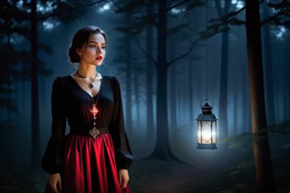 A beautiful girl, dressed in Gothic style, long dress, long-sleeved blouse, buttoned up to the neck, a necklace around her neck with a delicate pendant with a pentagraph symbol on it. Made of precious stone, it emanates a light glow, a red glow.
It runs through an old dark forest. He holds a lantern in his hand to light his way. It's dark, the full moon creates interesting chiaroscuro penetrating through the tree branches.
The forest is slightly foggy, it's raining. Vapor in the exhaled air is sometimes visible, delicate.
Scared, worried.
Photo quality. Accurate details, high realism.
Perfect girl proportions.