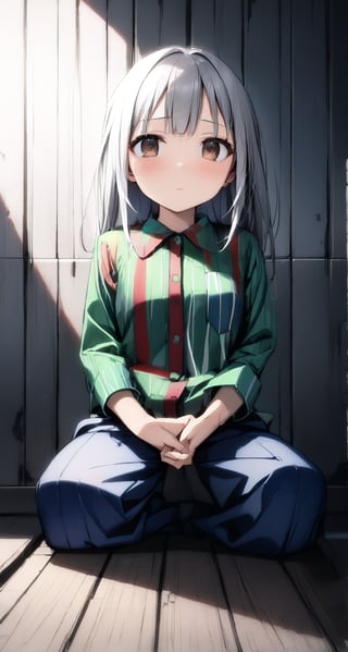 ((((Far body shot)))), (((establishing long shot))), a (((kneeling on the floor against wall))) teenage Japanese girl, ((((blue, red and green vertical striped button_up collared long sleeve shirt with pockets)))), ((((arms cuffed tightly with steel pipes:1.4)))), ((((long pants)))), ((((arms behind back)))), ((((spread legs)))), (((painful face))), (((abandoned black stone prison cell background))), ((gorgeous brown eyes)), (((body_bent_down))), ((grey hair)), ((long hair with fringes with blurry)). 