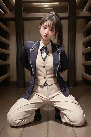 (((((Top_button_collared_blazer_suit:1.5))))),((((button_waistcoat_wear_inside_blazer:1.5)))),(((long_pants_with_belt:1.3))),(((((arms_tied_behind_back,arms_bent:1.7))))),(((seiza_kneeling:1.6))),(((((ponytail_with_complete_bangs:1.6))))),(((((front_viewed:1.6))))),(((beautiful and aesthetic:1.4))),(expressionless),((((plastic_surgery_round_cheeks, high-bridged_nose:1.5)))),(prison_cell:1.7),
perfect.,Bomi,Enhance,Model ,Asian ,eungirl,((((1girl)))).,((Perfect lips)).,perfect light.,insane details ,high details,perfect light