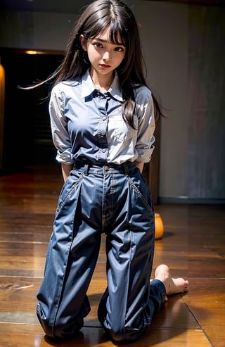 ((((Full body shot, front viewed)))). Raw, extreme detailed, ((1girl)),((young Asian face)),(masterpiece), 8k, (top quality), ((((cotton button_up_collared long sleeve shirt with pockets:1.5)))), (((long trousers:1.3))), (beautiful and aesthetic:1.2), (stylish pose), (((((kneeling the floor))))), (((((arms behind back:1.5))))), (((extra long hair with bangs with blurry))), ((((dark_prison_cell:1.3)))). (Ultra-realistic, best photograph, best quality:1.3),
perfect.,Bomi,Enhance