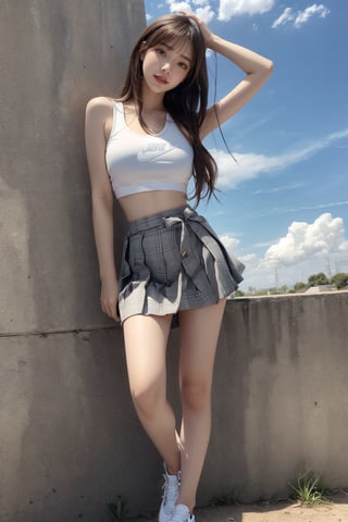 windy hair, clouds, 1 Korean beauty,big sunny smile, almond eyes, grey eyes,wave long hair, past the waist, brown hair with bangs,(white crop top:1),(skyblue mini pleated skirt:1.1),no panties,no bra,breasts,beautiful face, perfect body, prefect ass, perfect legs, perfect hand, perfect feet, perfect arms, seductive look, sexy eyes,(white nike shoes), solo, full lips, (full body),crossed_legs_(standing)