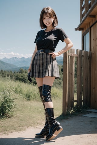 1girl, solo,big breasts, looking at viewer,big smile, short hair, Bangs,brown hair,black t-shirt,dark black thick knee socks,black gloves, jewelry,bracelet,full body,standing,short sleeves,(dark black mid martin boots), outdoors, parted lips, sky,(red three-tiered plaid mini skirt),belt, necklace, chain,sexy model pose,early morning,rock mountain background,