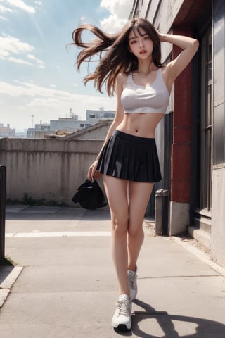 (RAW photo, best quality), (realistic),photo, masterpiece, windy hair, clouds, 1 Korean beauty,big sunny smile, almond eyes, grey eyes,wave long hair, past the waist, brown hair with bangs,large breasts,navel,cleavage,midriff, Firm abs,looking at viewer,(white crop top:1.2),(black mini pleated skirt:1.2),no panties,no bra,beautiful face, perfect body, prefect ass, perfect legs, perfect hand, perfect feet, perfect arms, seductive look, sexy eyes,(white sneakers), solo, full lips, (full body),no_bra,covered_nipples,1 girl